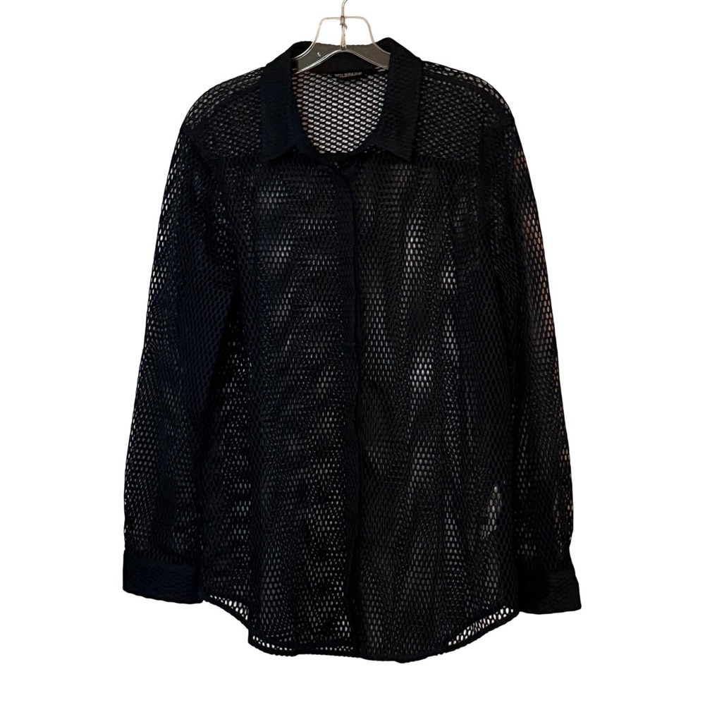 Wildfang The Empower Long Sleeve Mesh Button Up Navy Blue - Large